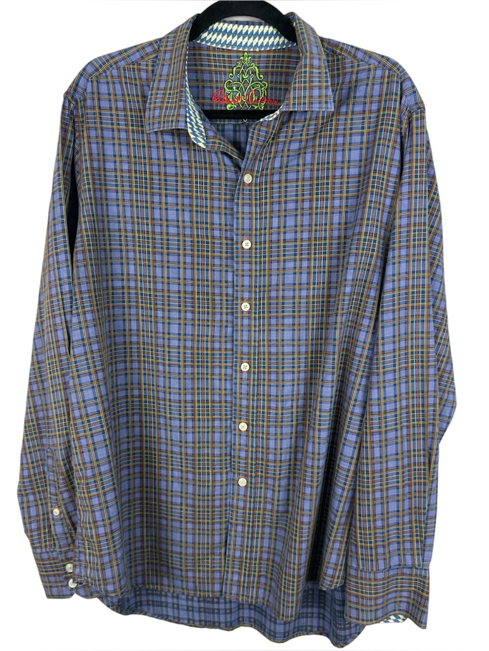 Robert Graham Plaid Button Down Shirt Men's XL Contrast Cuff Blue Green Cotton